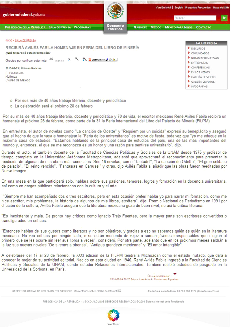 Bolet�n de prensa de la Presidencia de la Rep�blica por el Homenaje a Ren� Avil�s Fabila 28 de febrero 2010
